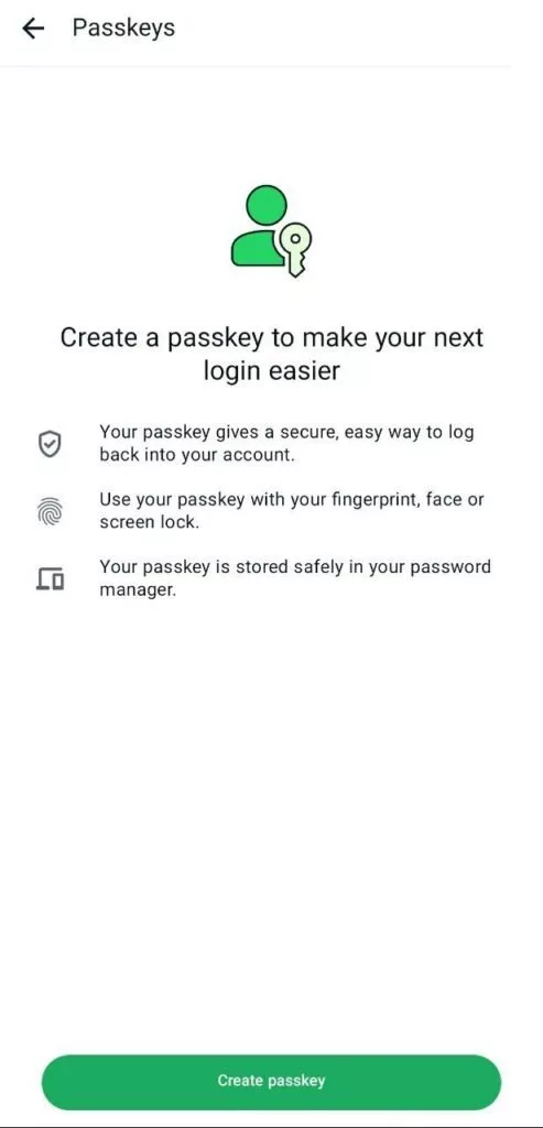 دکمه Create Passkey در پایین صفحه را انتخاب کنید و در پیغام نمایش داده شده یک بار روی Continue ضربه بزنید