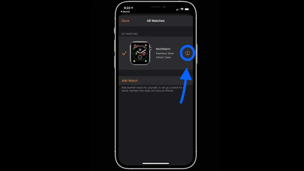 روی علامت i که در کنار نام اپل واچ شما قرار داره ضربه بزنید تا پنجره جدیدی باز بشه
